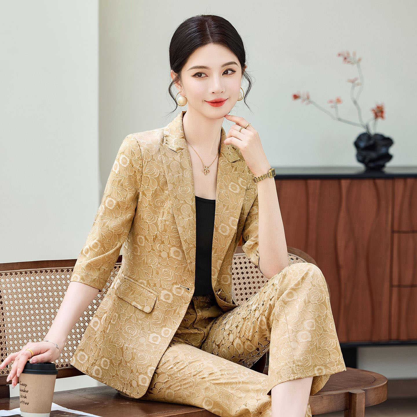 Women'S Formal Wear Pants Suit - Completo Professionale Donna Mezza Manica Albicocca